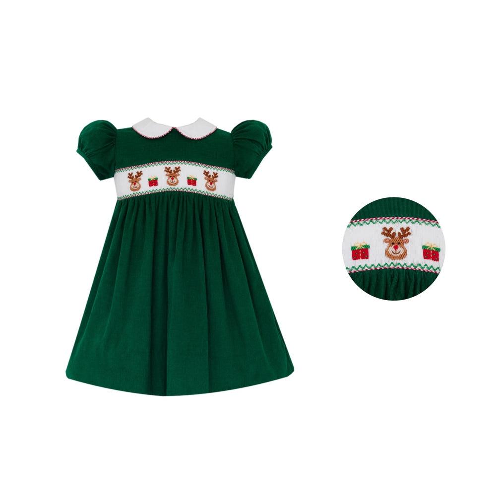 Reindeer Face Smocked Dress - Green