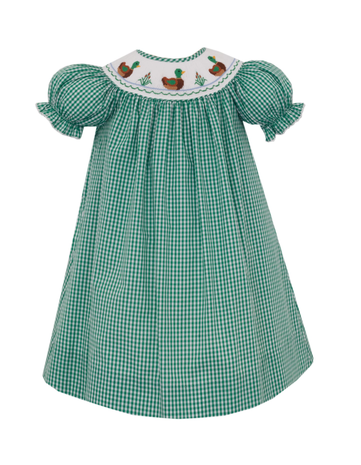 Mallard Ducks Green Gingham Bishop Dress