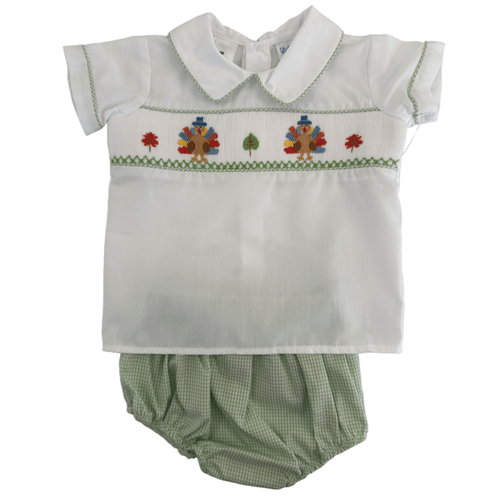 Turkey Smocked Diaper Set - Sage