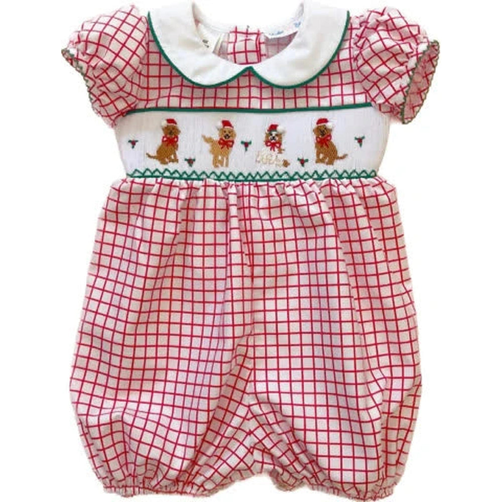 Girl Christmas Dog Smocked Bubble