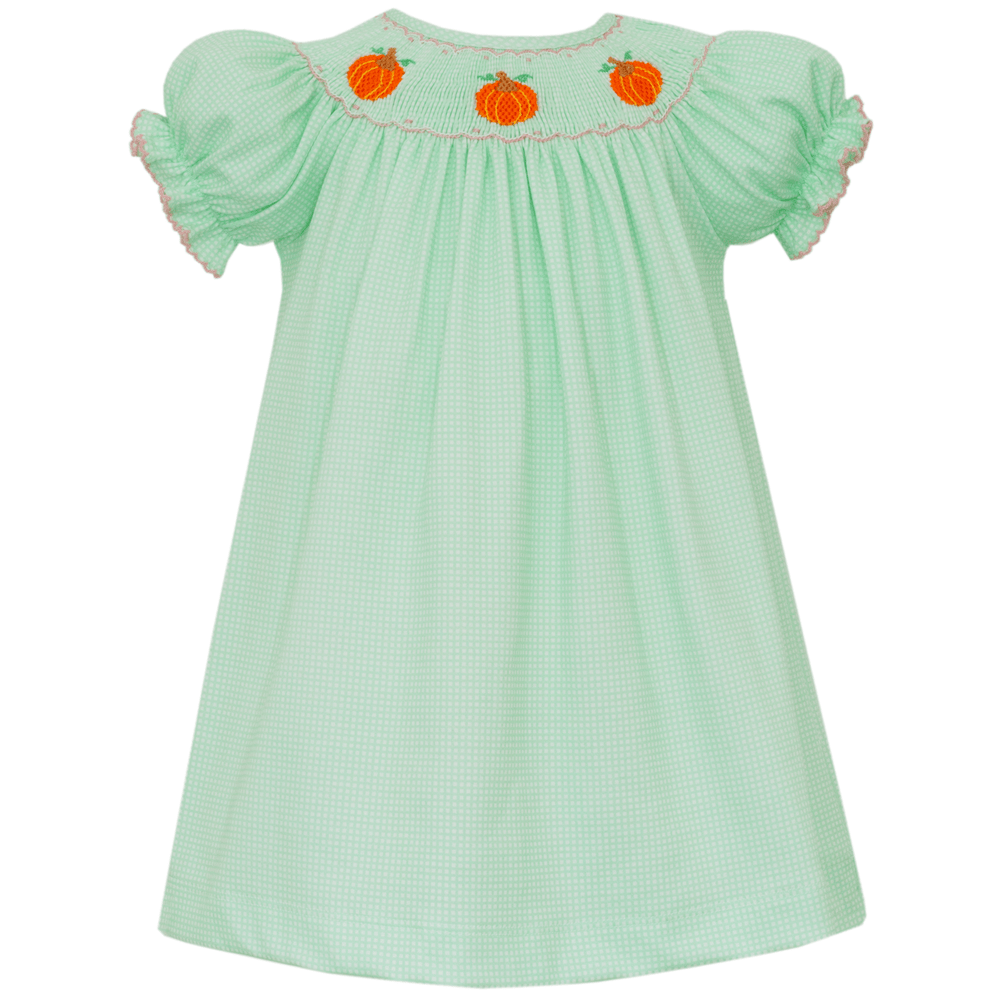 Pumpkin - Green check knit bishop dress