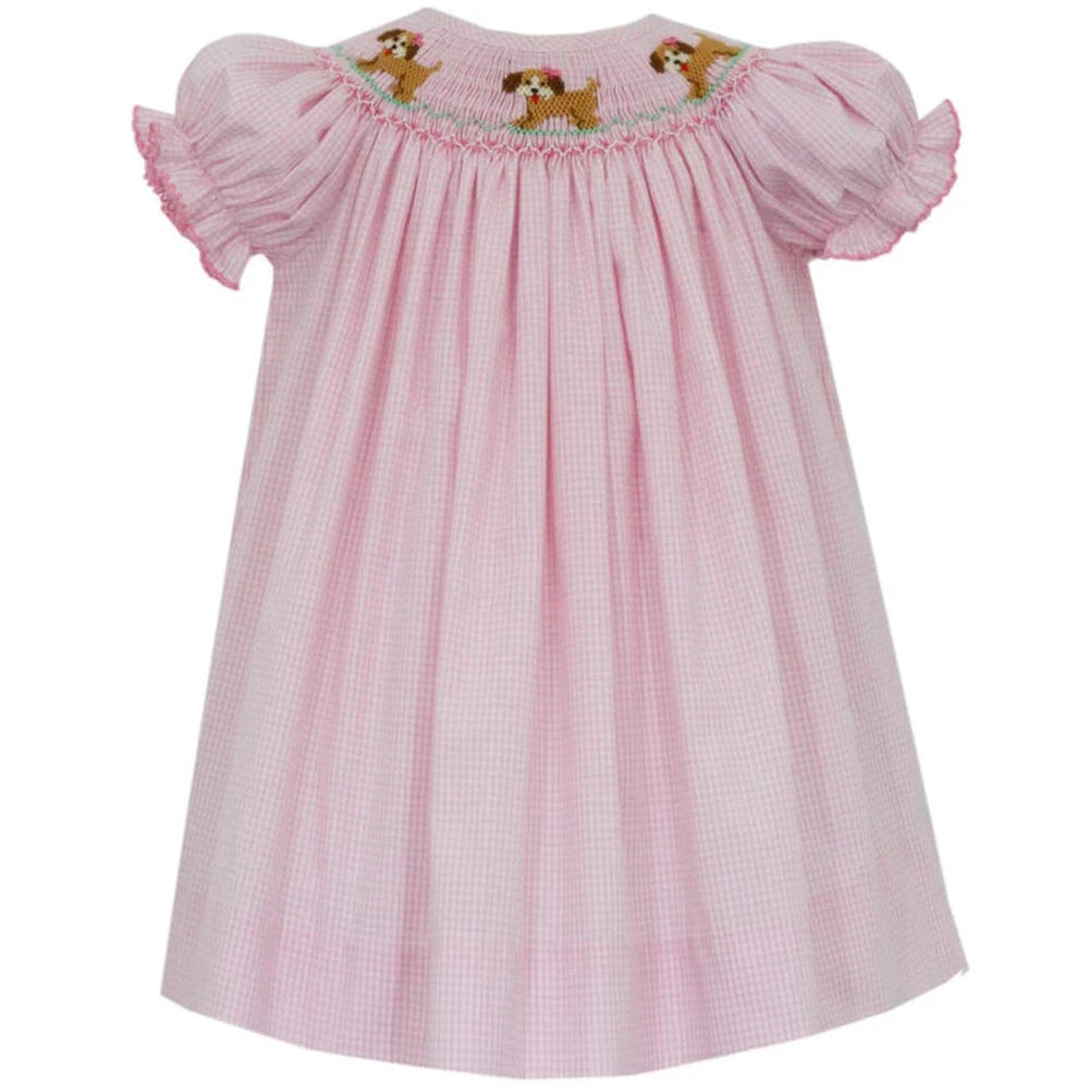 Puppies - Pink gingham bishop dress