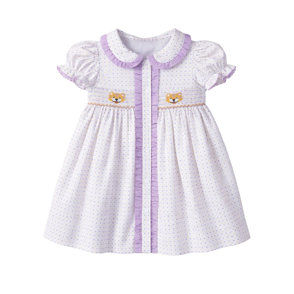 Ruby Smocked Dress, Purple Bitty Dot Tiger