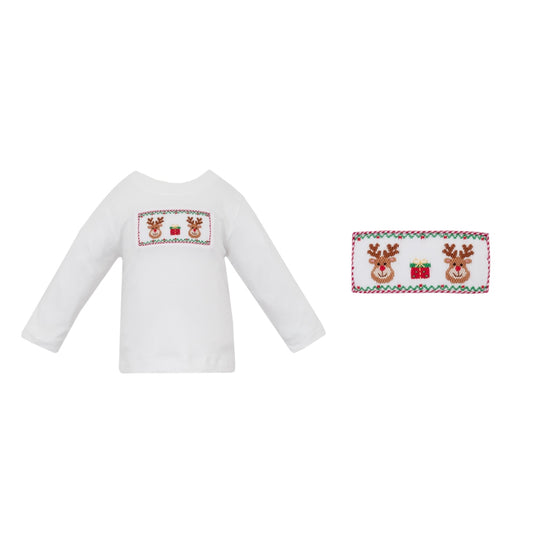 Reindeer Face Smocked Pant Set - Green