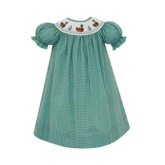 Mallard Ducks Green Gingham Bishop Dress