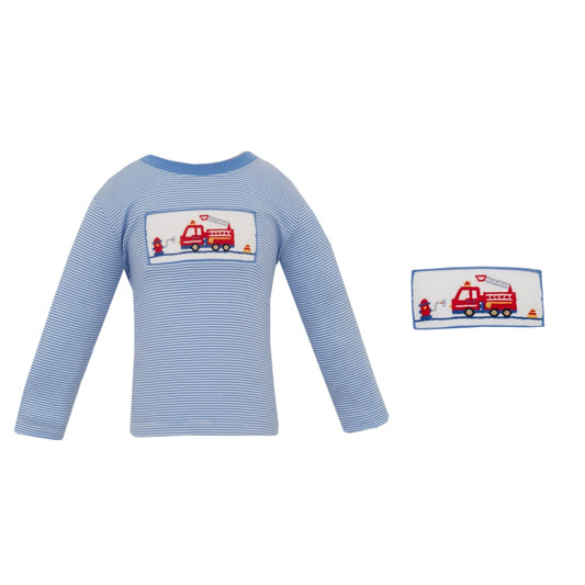 Blue Striped Firetruck Long Sleeve Shirt