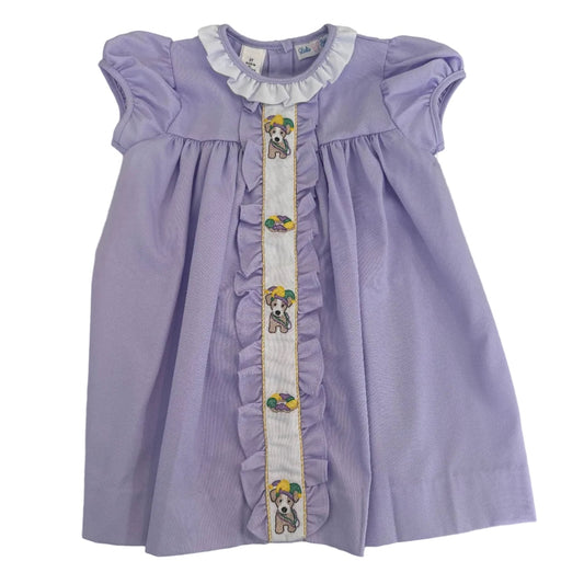 Girl Emb Mardi Gras Puppy Dress - Lavender