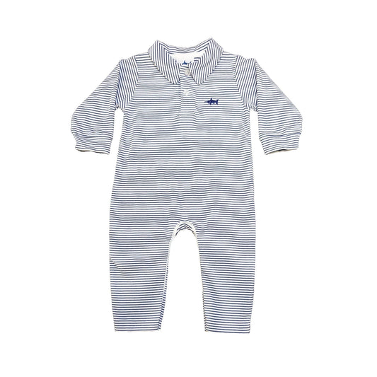 LS POLO ROMPER - NAVY STRIPE