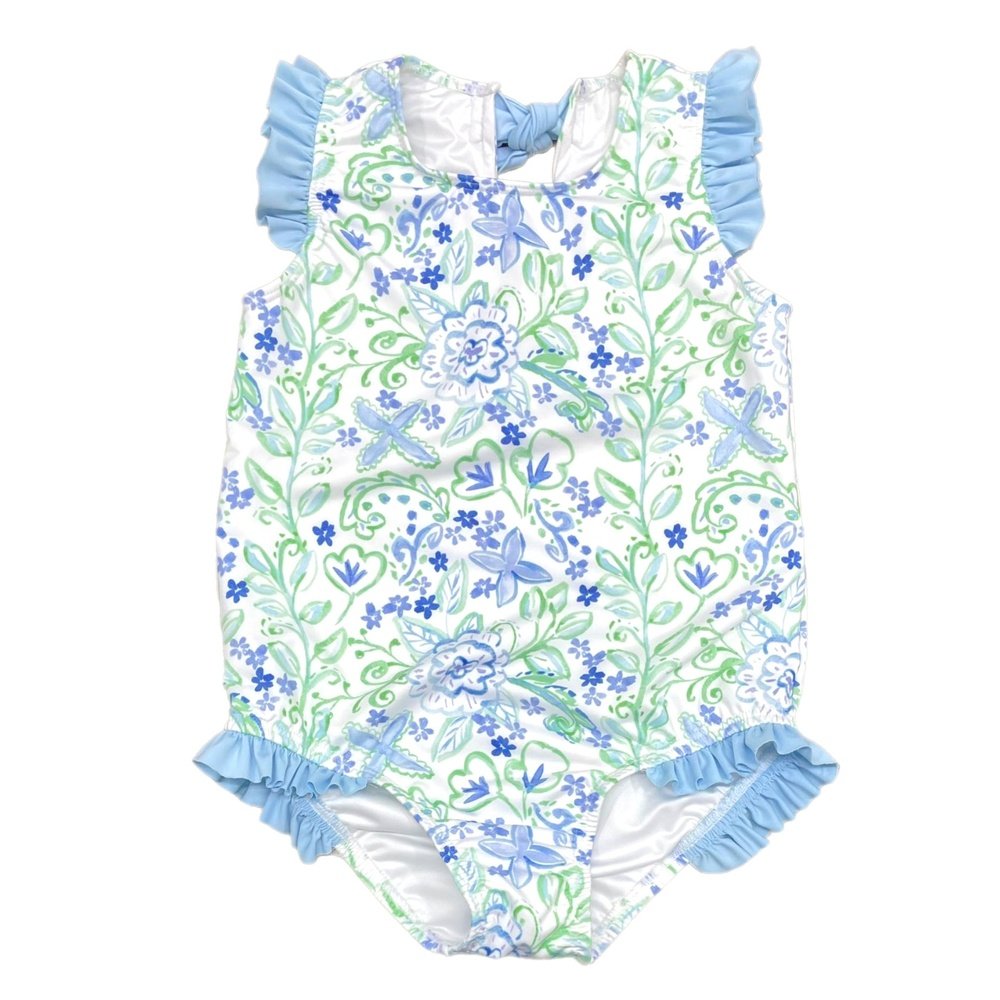 Blue Green Floral One-piece Swim