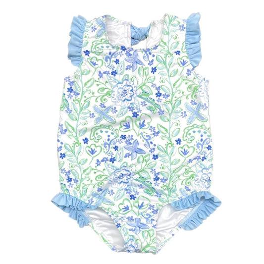 Blue Green Floral One-piece Swim