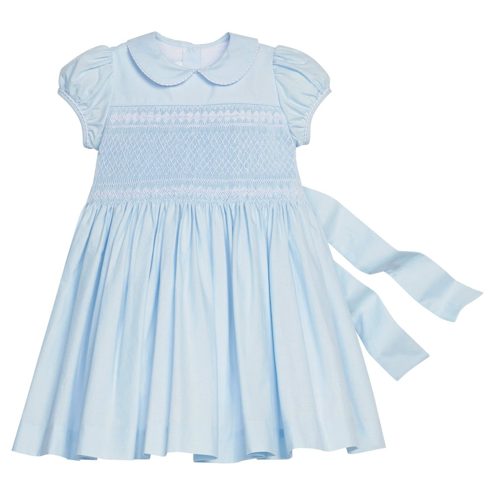 Smocked Emery Dress - Light Blue with White