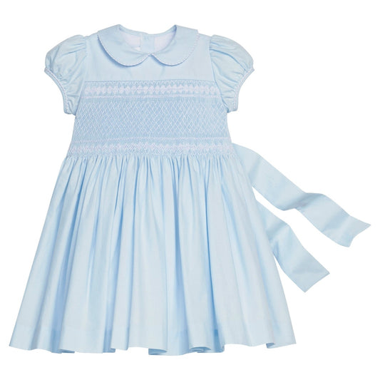 Smocked Emery Dress - Light Blue with White