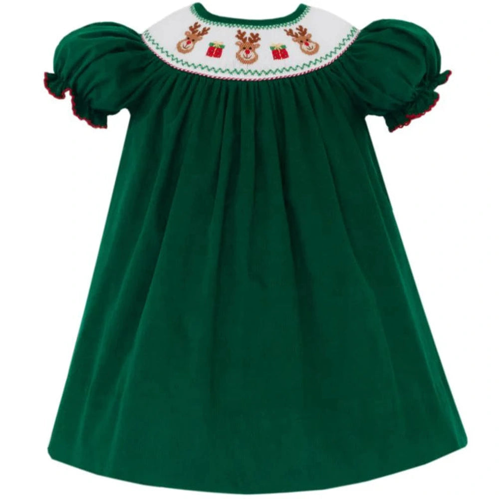 Reindeer Face Smocked Bishop Dress - Green