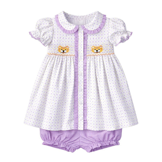 Ruby Smocked Bloomer Set, Purple Bitty Dot Tiger
