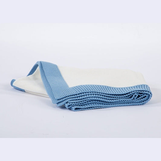 Jersey Knit Blanket with Contrast Rib Border - Blue