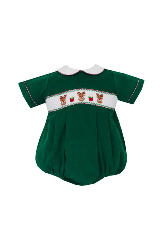 Reindeer Face Smocked Bubble  - Green