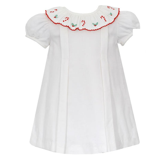 White Corduroy Dress- Embroidered Candy Cane Collar