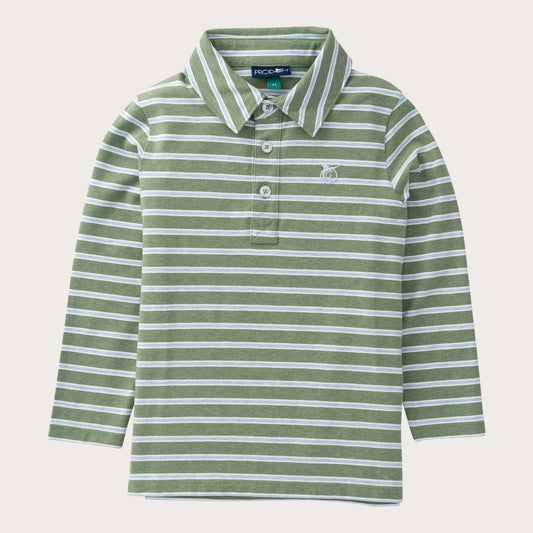 Long Sleeve Cotton Polo in Hedge Green and Cashmere Blue Stripe