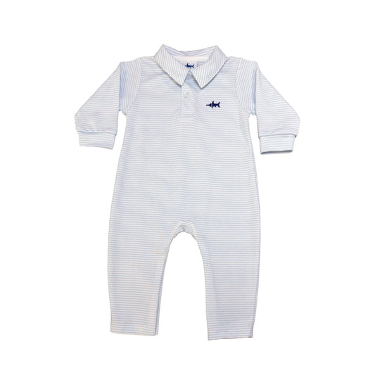 LS POLO ROMPER - BLUE STRIPE