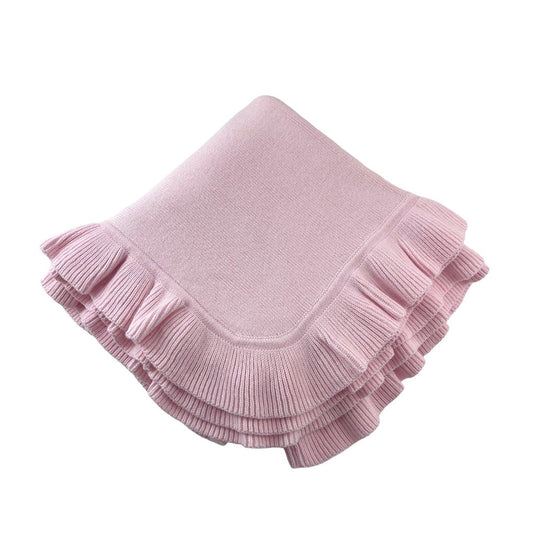 Knitted Blanket with Ruffle Edge - Pink
