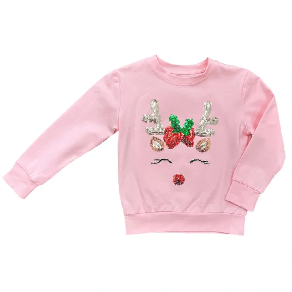 Reindeer Sequin Long Sleeve Sweatshirt - Pink