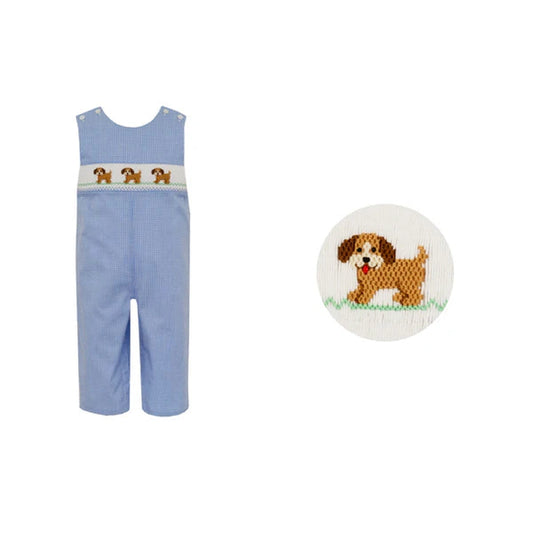 Puppies - Blue gingham boy's long jon jon