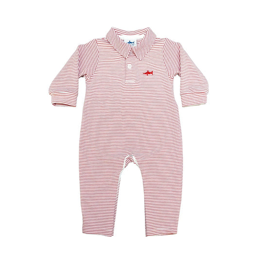 LS POLO ROMPER - RED STRIPE