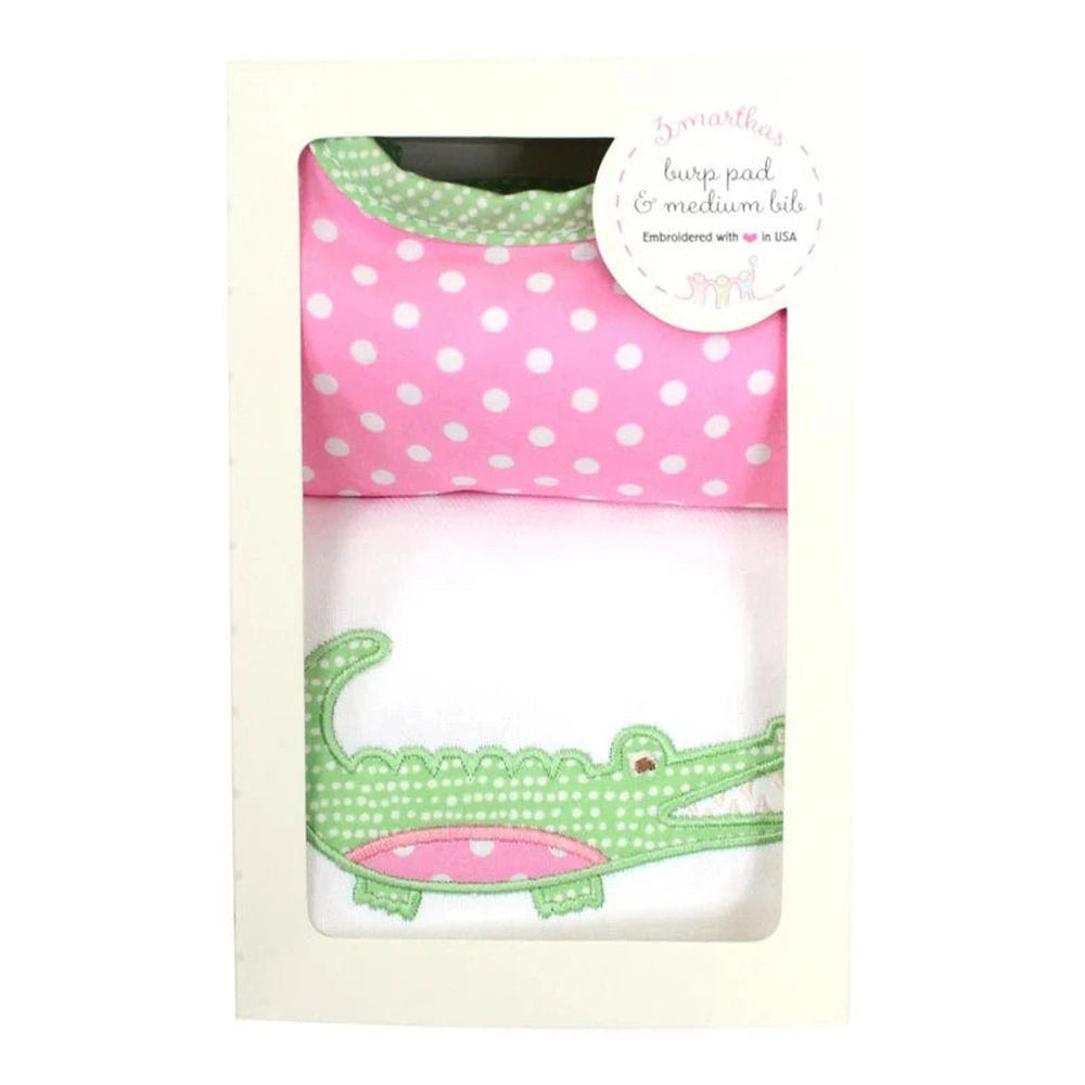 Medium Pink Alligator Bib and Burp Box Set- 3 Marthas