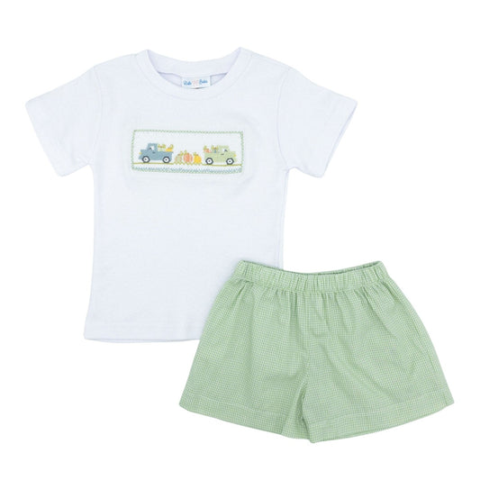 Long Sleeve Pumpkin Truck Smocked Short Set