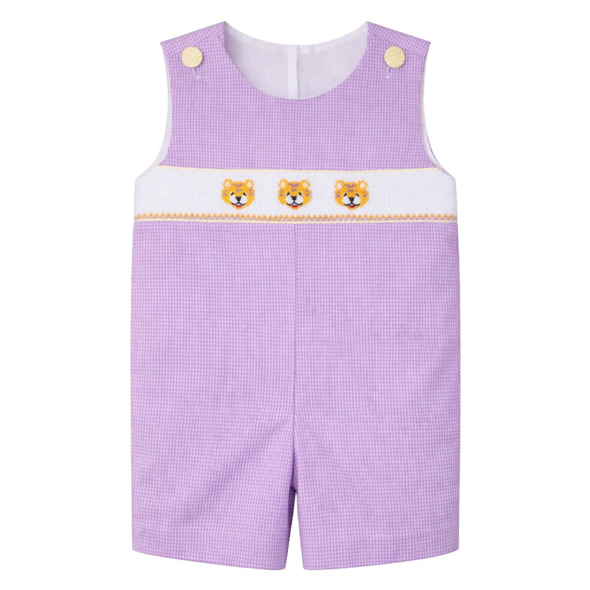 Ethan Smocked Jon Jon, Purple Gingham Tiger