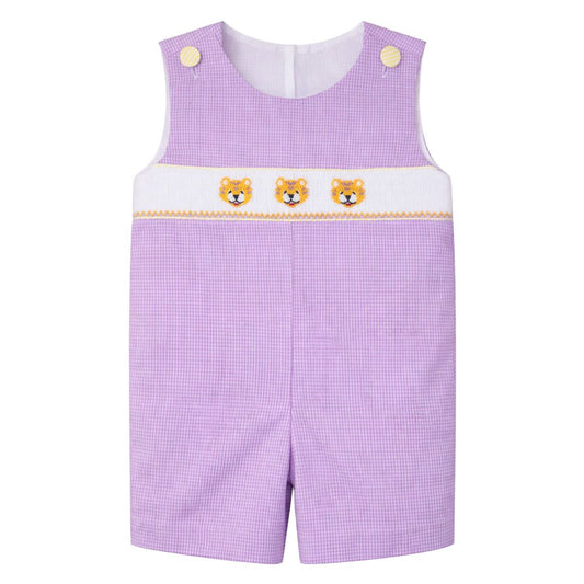Ethan Smocked Jon Jon, Purple Gingham Tiger