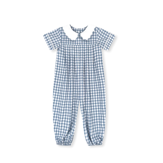 Lullaby Set Precious Pleated Romper- Stone Blue Check