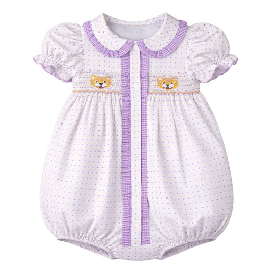 Ruby Smocked Bubble, Purple Bitty Dot Tiger