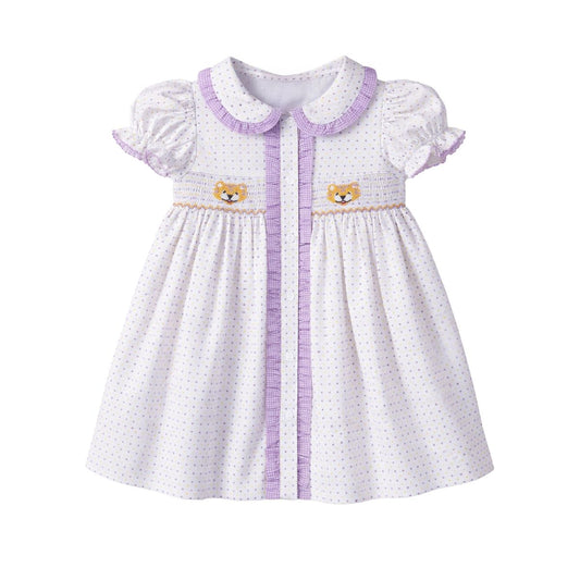 Ruby Smocked Dress, Purple Bitty Dot Tiger