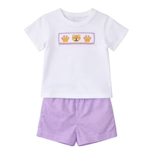 Ollie Smocked Short Set, Purple Gingham Tiger