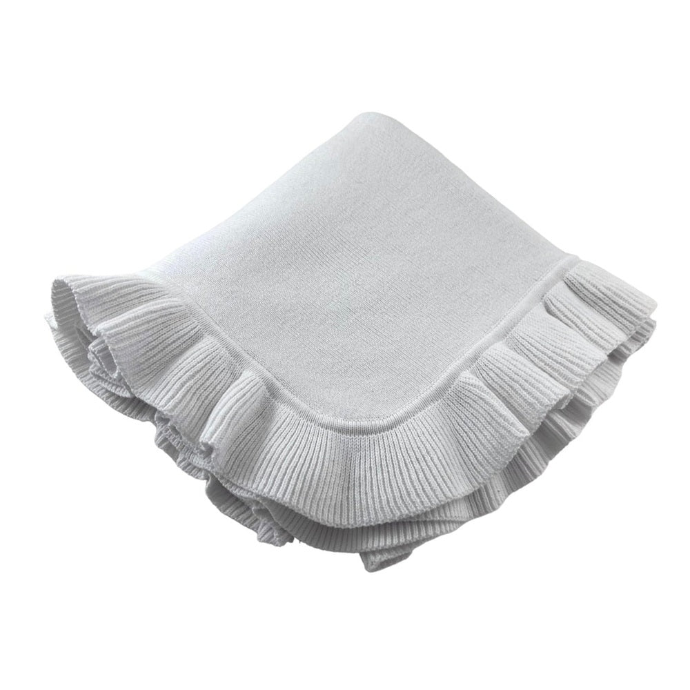Knitted Blanket with Ruffled Edge - White