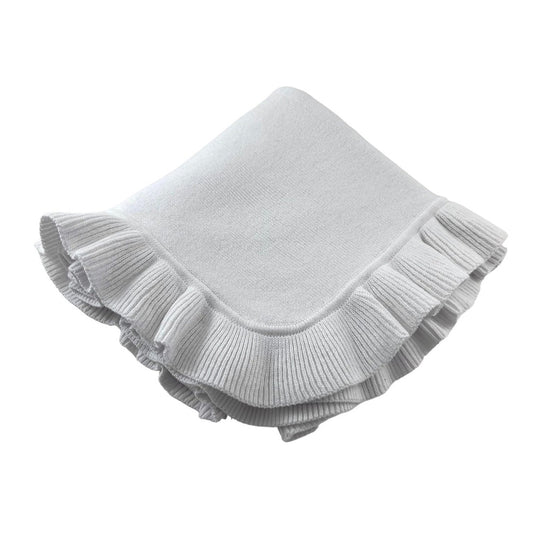Knitted Blanket with Ruffled Edge - White